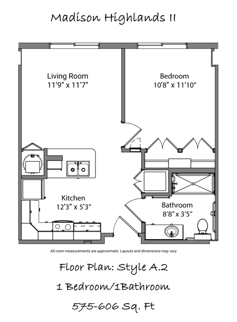 Floor plan for 1 bed, 1 bath, 575 sqft